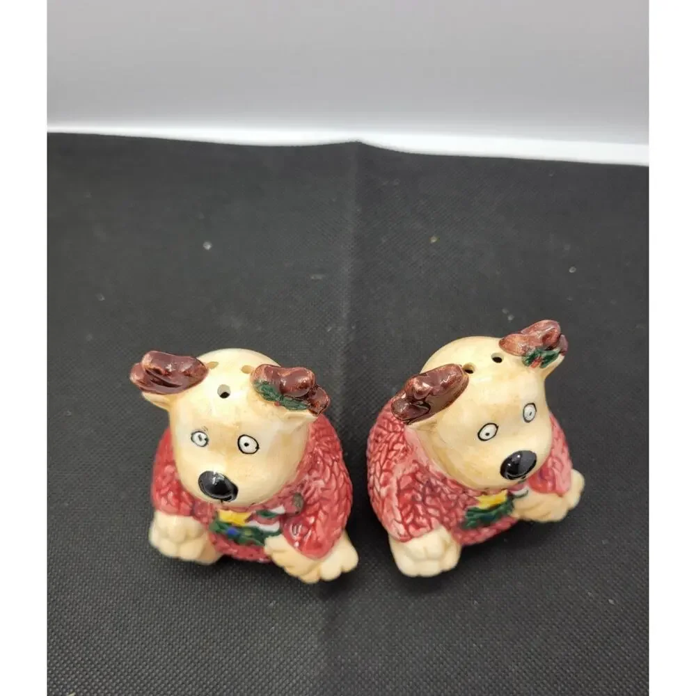 Vintage Christmas Reindeer Salt & Pepper Shakers Ceramic Pink Sweater Set...